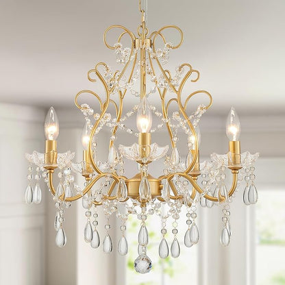 WUZUPS 5-Light Crystal Candle Chandelier Pendant Ceiling Light Modern Lighting Fixture for Bedroom Hallway Bar Kitchen Bathroom, H 23.2" W 20.7", E12 Base, Gold