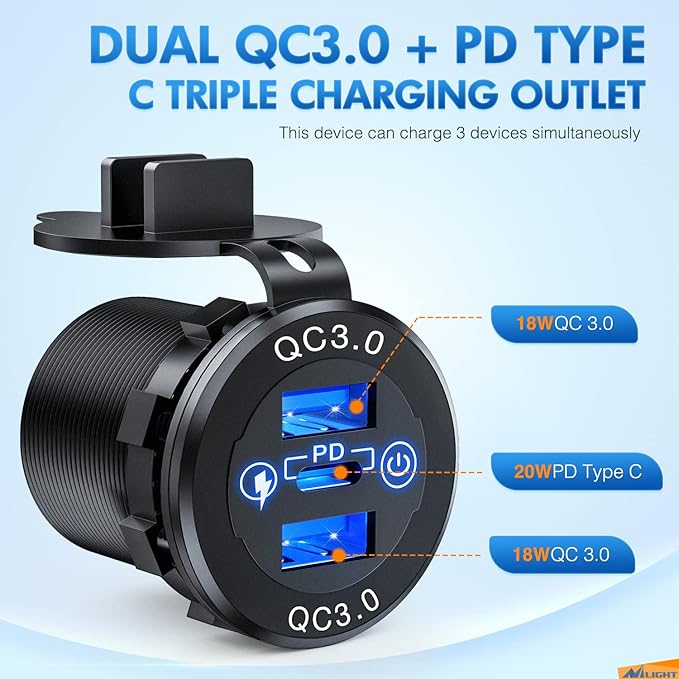 Nilight Dual USB Socket PD Type C and QC3.0 12V 24V Car Outlet ON Off Touch Switch Fused Wire Kit for Cars Trucks RVs Campers