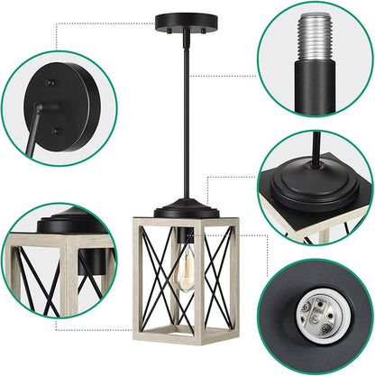 DEWENWILS Farmhouse Pendant Light, Metal Hanging Light Fixture with Wooden Grain Finish, 48" Adjustable Pipes for Flat and Slop Ceiling, Kitchen,Island, Living Room, Bedroom, E26 Base
