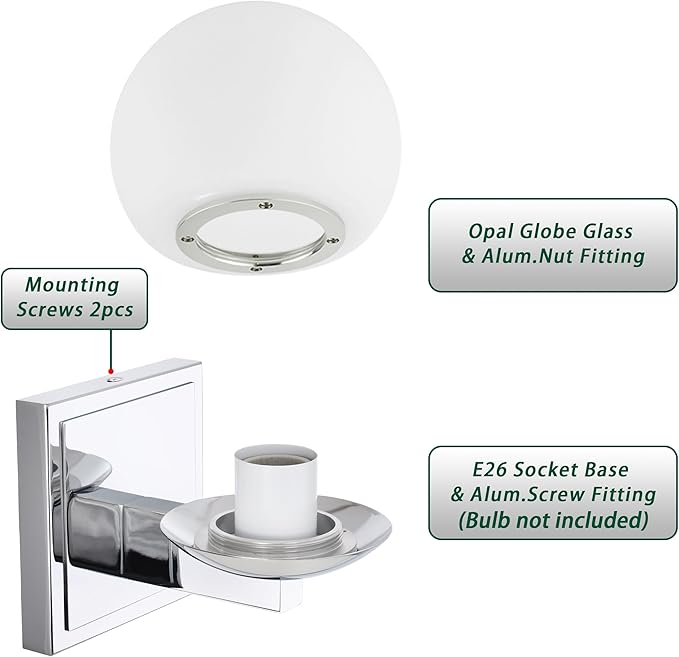 Chrome Wall Sconce Light, Modern Sconces Wall Lighting, 1 Light Globe Bathroom Vanity Lighting with Opal Glass Shade, Wall Light for Bedroom Bathroom Living Room Entryway Hallway