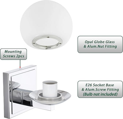 Chrome Wall Sconce Light, Modern Sconces Wall Lighting, 1 Light Globe Bathroom Vanity Lighting with Opal Glass Shade, Wall Light for Bedroom Bathroom Living Room Entryway Hallway
