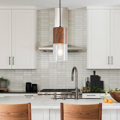 2-Pack Modern Pendant Lights for Kitchen Island, Adjustable Pendant Light Fixtures with Brown Wood Grain, Industrial Clear Glass Pendant Lights for Dining Table Hallway Bedroom Living Room