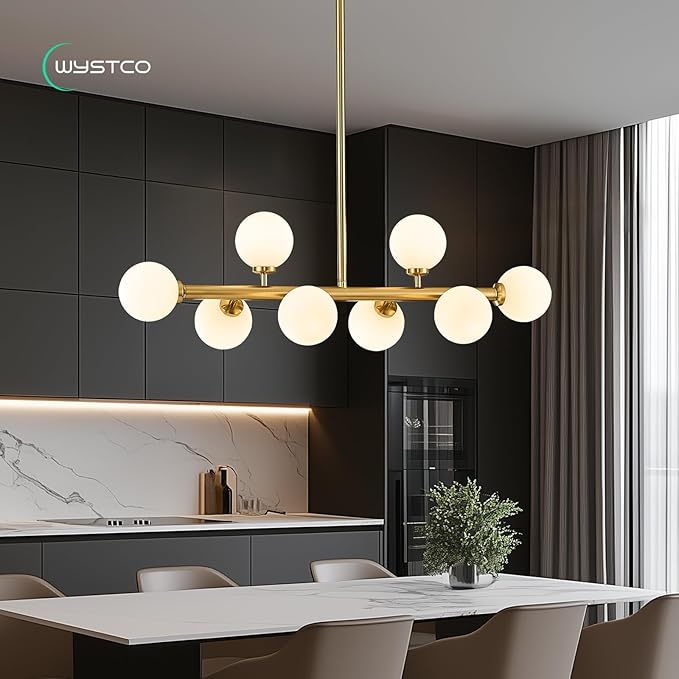 Mid Century Modern Globe Sputnik Chandelier, 8-Light Linear Chandeliers for Dining Room and Kitchen Island, Dining Light Fixture Over Table, Brass Gold and Milk White Glass Bubble, 32 Inch