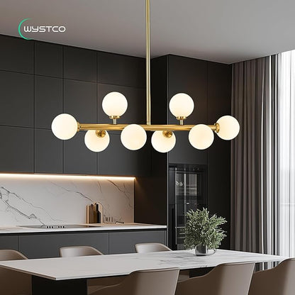 Mid Century Modern Globe Sputnik Chandelier, 8-Light Linear Chandeliers for Dining Room and Kitchen Island, Dining Light Fixture Over Table, Brass Gold and Milk White Glass Bubble, 32 Inch