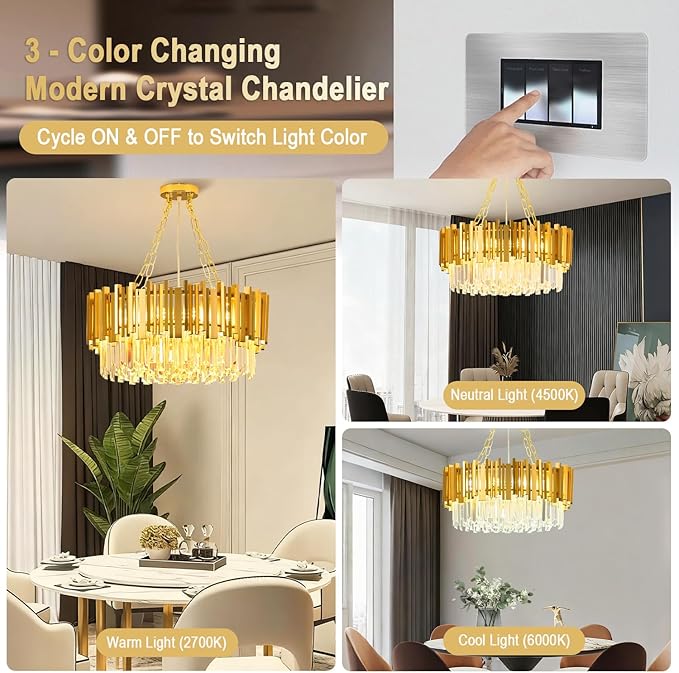 Modern Gold Crystal Chandelier 21.66" 8-Light 5-Tiers K9 Crystal Pendant Ceiling Light Fixture Luxury Round Raindrop Chandeliers for Dining Room Living Room Kitchen Island