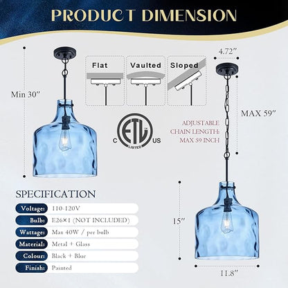 Farmhouse Pendant Light – Hand-Blown Blue Hammered Glass Shade, Black Finish, E26 Socket, Adjustable Chain Hanging Light Fixture for Kitchen Island, Dining Room & Hallway, 15" H x 12" D