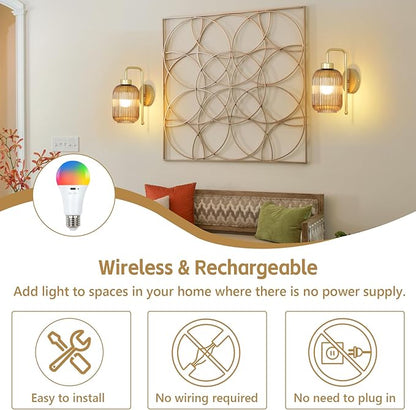 LAMSU Vintage Gold Wireless Wall Sconces Battery Operated, Rechargeable Wall Lights Set of 2 with Amber Stripe Glass Shade, Remote and Bulb, Cordless Sconces Wall Decor for Bedroom Living Room