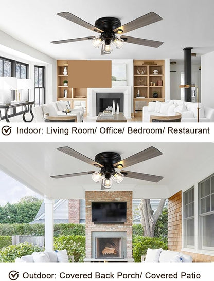 52 Inch Flush Mount Vintage Ceiling Fan with Lights and Remote, Farmhouse Rustic Ceiling Fan Antique Fandelier Chandelier for Bedroom Living Room Low Profile, 3 E26 Bulbs (Not Included)