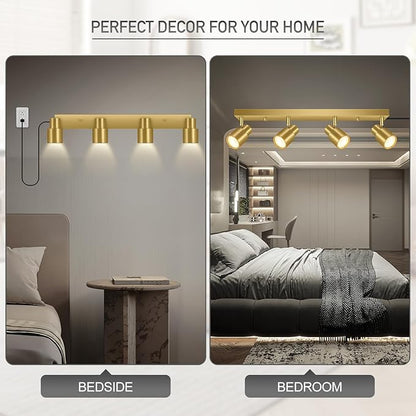 Plug in Track Lighting, 23" LED Track Light Fixtures Ceiling, Gold 4 Way Spotlight, Rotatable Light Head, Plug in Ceiling Light with Power Cord, Plug Wall Light for Kitchen Hallway Bar(GU10, NO Bulb)