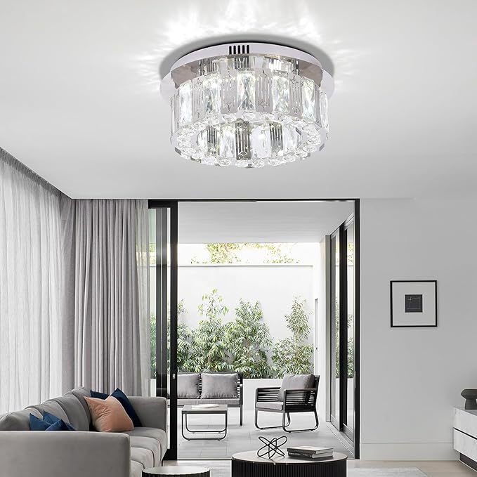 11.8" Modern Crystal Chandelier LED Ceiling Light Flush Mount Mini Ceiling Light Fixtures Crystal Round Chandeliers for Hallway Bedroom Cool White