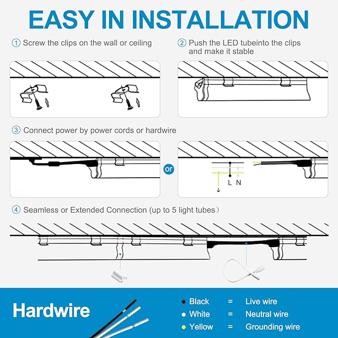 6 Pack T5 LED Shop Light, 4FT, 2200lm, 6500K Led Tube Lights Indoor, Ceiling and Under Cabinet Lighting, Plug in Bar Light for Room Garage Workshop, Corded Electric with ON/Off Switch
