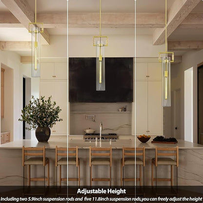 Modern Gold Pendant Light Set of 2, 21.6'' Pendant Lights Kitchen Island, Adjustable Height Brass Glass Pendant Light Fixtures, Large Pendant Lights for Dinning Room Farmhouse Bathroom