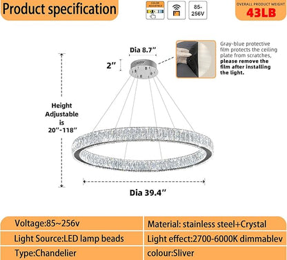 39.4in Large Ring Chandelier Modern LED Crystal Chandelier Chrome Round Crystal Chandeliers for Dining Room Living Room