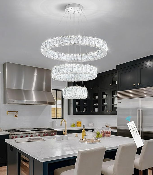 Modern Crystal Chandelier 36W Dimmable LED Ceiling Light Fixture with Remote Luxury Adjustable Pendant Light for Living Room Dining Room Silver