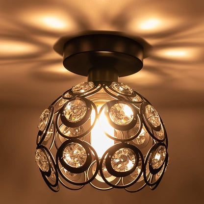 TISLYCO Modern Chandelier Crystal Ceiling Hallway Light, Mini Semi Flush Mount Ceiling Light Fixture Mini Chandelier, Antique Black Metal Crystal Chandelier Lamp Entryway Bedroom Bathroom Kitchen