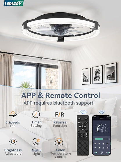 LEDIARY Ceiling Fans with Lights, 20 Inch Low Profile Ceiling Fan with Remote, 6 Speeds, Reversible, Dimmable Flush Mount Fan Light, Modern Fandelier Ceiling Fan with Lights for Bedroom, Black