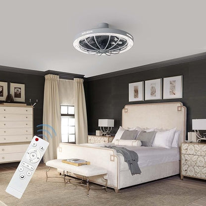 Socket Fan Light with Remote, 13 inch Socket Ceiling Fan with Dimmable Led Light, 3 Colors 3000K-6500K, 3 Speeds, Flush Mount Ceiling Fans with Lights for Bedroom, Kitchen, Living Room-Gery