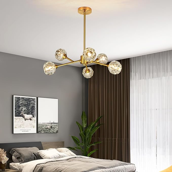 Weesalife Sputnik Chandeliers for Dining Room Light Fixture Over Table, Modern Crystal Chandeliers, 6 Lights Gold Lighting Fixtures for Living Room Bedroom Kitchen Island