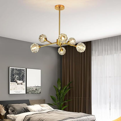 Weesalife Sputnik Chandeliers for Dining Room Light Fixture Over Table, Modern Crystal Chandeliers, 6 Lights Gold Lighting Fixtures for Living Room Bedroom Kitchen Island