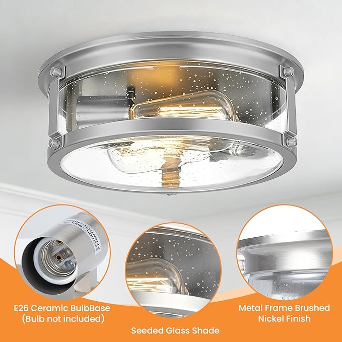 Flush Mount Ceiling Light, 2-Light Metal Cage Ceiling Light Fixture, Brushed Nickel Flush Mount Light with Seeded Glass Shade for Kitchen, Hallway, Bedroom (12 Inch)