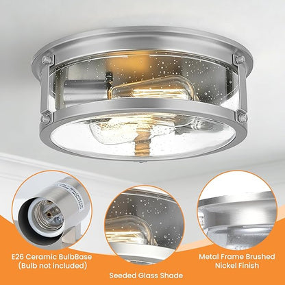 Flush Mount Ceiling Light, 2-Light Metal Cage Ceiling Light Fixture, Brushed Nickel Flush Mount Light with Seeded Glass Shade for Kitchen, Hallway, Bedroom (12 Inch)
