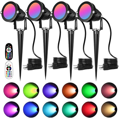RGB LED Landscape Lighting,Color Changing Landscape Spotlight Outdoor 110V Decorative Party Light,Plug in Landscape Lights 16Colors+ Warm White with Remote(4Pack)