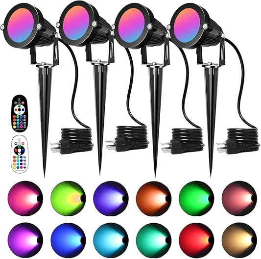 RGB LED Landscape Lighting,Color Changing Landscape Spotlight Outdoor 110V Decorative Party Light,Plug in Landscape Lights 16Colors+ Warm White with Remote(4Pack)