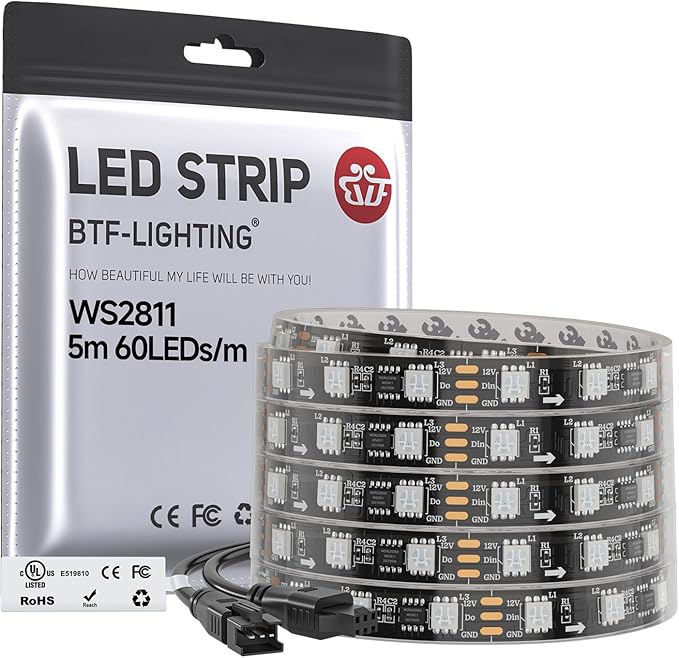 BTF-LIGHTING WS2811 IC=RGB+IC Addressable Color RGB LED Strip,16.4FT 60LED/m 10Pixels/m,IP67 Black PCB,UL Listed,Flexible DC12V Chasing Effect for Indoor Home Decor(No Adapter or Controller)