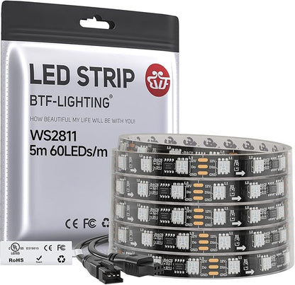 BTF-LIGHTING WS2811 IC=RGB+IC Addressable Color RGB LED Strip,16.4FT 60LED/m 10Pixels/m,IP67 Black PCB,UL Listed,Flexible DC12V Chasing Effect for Indoor Home Decor(No Adapter or Controller)