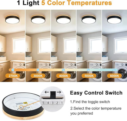 Modern Dimmable Wood Ceiling Light, Black Round LED Flush Mount Ceiling Lighting Fixtures, Minimalist Ceiling Lamp for Kitchen Bedroom Laundry Room Living Room Entryway Hallway&11.81 in