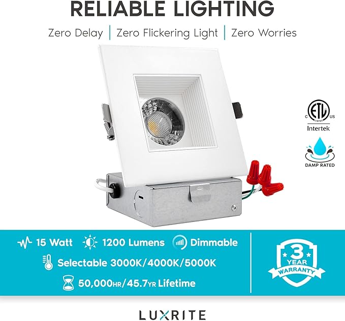 LUXRITE 4 Inch Square LED Recessed Lighting with Junction Box, 15W, 1200 Lumens, 3 Color Options 3000K - 5000K, Regressed LED Downlight, 36° Narrow Spotlight, Dimmable, CRI 90, IC Rated, Damp Rated