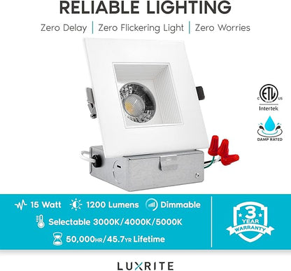 LUXRITE 4 Inch Square LED Recessed Lighting with Junction Box, 15W, 1200 Lumens, 3 Color Options 3000K - 5000K, Regressed LED Downlight, 36° Narrow Spotlight, Dimmable, CRI 90, IC Rated, Damp Rated