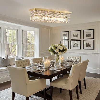 Modern Crystal Chandeliers for Dining Room Light Fixture, 6-Light Gold Rectangle Chandelier Ceiling Light for Kitchen Island Living Room, L31.5 Inch