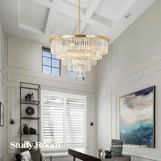 Gold Plated Modern Crystal Chandeliers Lighting Contemporary Pendant Chandelier Ceiling Lamp Lights Fixture 5-Tier (10 Lights) for Dining Living Room Entryway W28 Inch
