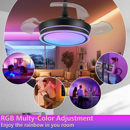 30" RGB Retractable Fandelier Ceiling Fan Dimmable Chandelier Ceiling Fans with Lights and Remote APP Control for Living Dinning Room Bedroom Black
