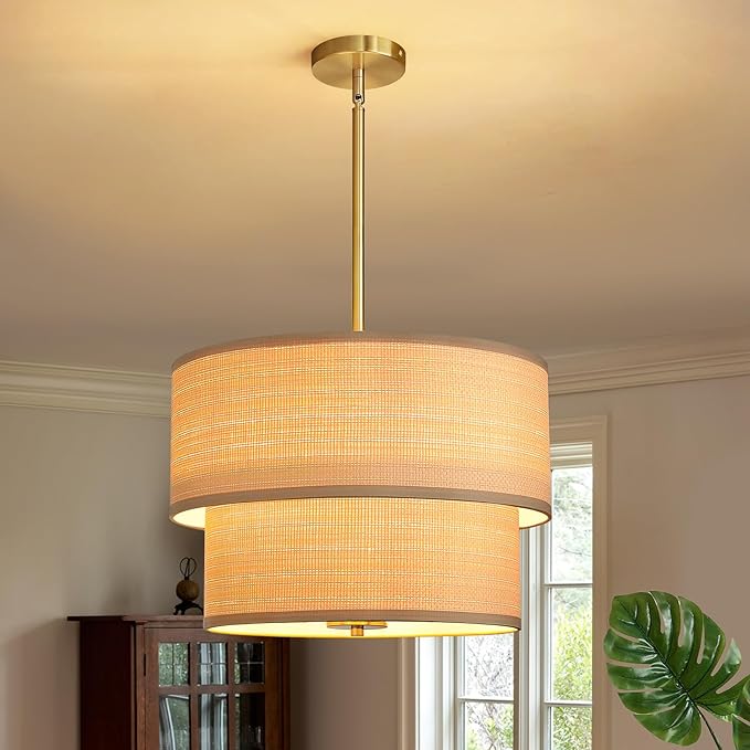 RUIYEY Rattan Chandelier Light Fixtures: 17 inch Boho Pendant Lights with Wicker Lampshade, E12 5 Lights Height Adjustable Hand Woven Hanging Drum Chandeliers for Dining Room Kitchen Living Room
