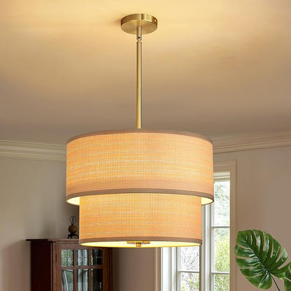 RUIYEY Rattan Chandelier Light Fixtures: 17 inch Boho Pendant Lights with Wicker Lampshade, E12 5 Lights Height Adjustable Hand Woven Hanging Drum Chandeliers for Dining Room Kitchen Living Room