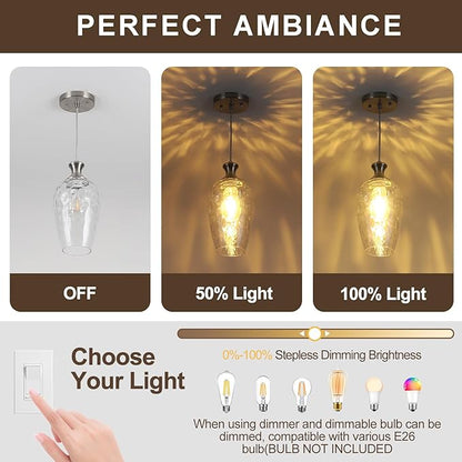 Glass Pendant Lights Kitchen Island, 1-Light Brushed Nickel Pendant Light Fixtures with Hand-Blown Clear Glass, Modern Farmhouse Hanging Light for Kitchen Sink Dining Room Bedroom, E26