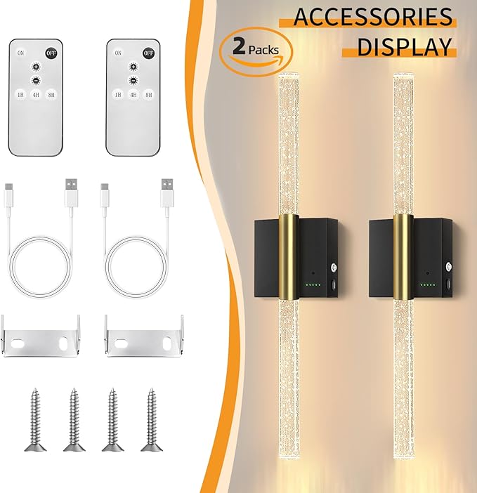 Battery Operated Wall Sconces Set of 2, 28in Rechargeable Wireless Wall Lights, 8000mAh Dimmable Modern LED Wall Lamp Fixtures with Timer Function for Living Room Bedroom Bathroom Hallway, Black