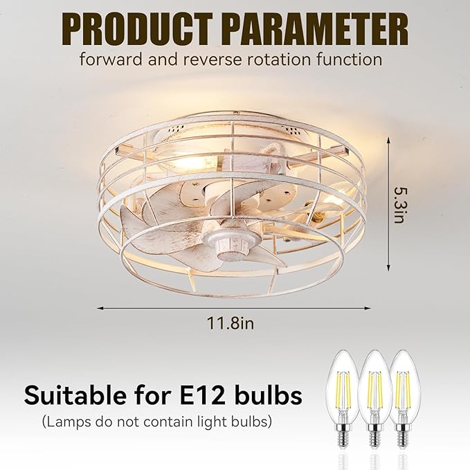 Ceiling Fan with Light and Remote, Modern Flush Mount Fan Lights Cage Ceiling Fixture, Bladeless 12 in 6 Speeds Fans with Lights for Kitchen Bedroom Living Room, White and Gold