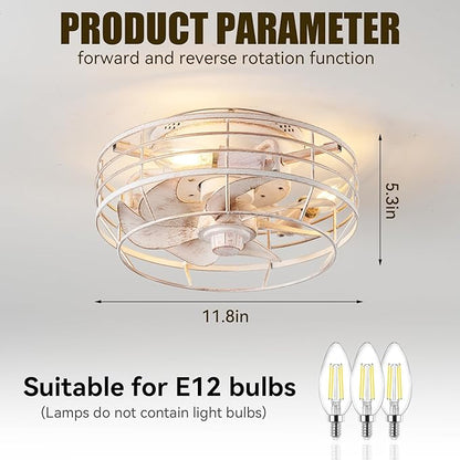 Ceiling Fan with Light and Remote, Modern Flush Mount Fan Lights Cage Ceiling Fixture, Bladeless 12 in 6 Speeds Fans with Lights for Kitchen Bedroom Living Room, White and Gold