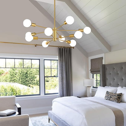 RUIYEY Modern Sputnik Chandeliers Light, 10-Light Gold Gold Dining Room Chandelier Over Table, Height Adjustable Industrial Semi Flush Mount Mid Century Chandelier for Kitchen Island Living Room