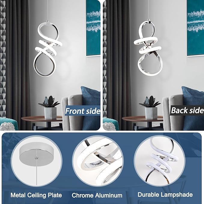 EIDISUNY Modern Led Pendant Light Fixture, 15W Chrome Spiral Pendant Light Kitchen Island, 4500K Daylight White Pendant Lamp, Adjustable Height Chandelier for Kitchen Dining Room Bedroom (Chrome)