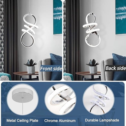 EIDISUNY Modern Led Pendant Light Fixture, 15W Chrome Spiral Pendant Light Kitchen Island, 4500K Daylight White Pendant Lamp, Adjustable Height Chandelier for Kitchen Dining Room Bedroom (Chrome)