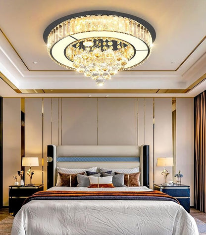 19.6" Black Modern Crystal Chandeliers for Dining Room LED Dimmable Light Fixtures Flush Mount Light Living Room Bedrooms