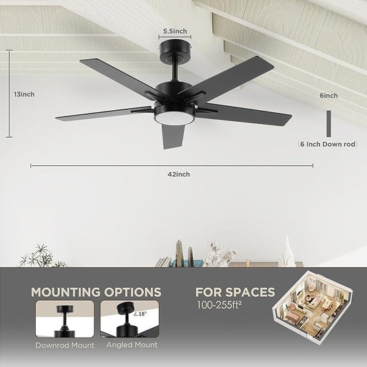 Ceiling Fan with Light Remote: 42 Inch Modern Fans with Dimmable Tri-Color Temperature LED - Quiet Reversible DC Motor for Home Office Bedroom