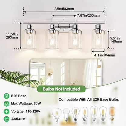 Indoi 4 Light Bathroom Light Fixtures, Chrome Vanity Lights with Clear Glass Shades, Modern Bathroom Light Fixtures Over Mirror, Modern Bathroom Wall Lamp for Mirror Living Room Cabinet
