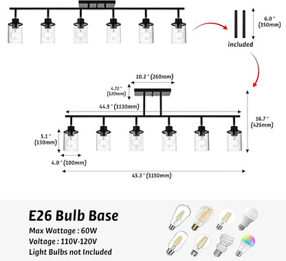 6-Light Track Lighting Kit Directional Bathoom Lights Over Mirror Industrial Black Kitchen Track Lighting Fixtures Ceiling with 6 Rotatable Light Heads, Clear Glass Shade