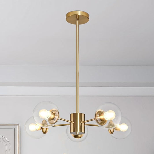 Bagood 5-Light Globe Sputnik Chandelier Gold Mid Century Sputnik Chandeliers Dimmable Globe Pendant Light Brushed Brass Finished with Clear Glass Lampshade Chandeliers for Dining Room Bedroom