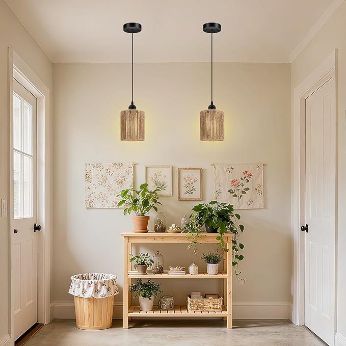 BoostArea 2 Pack Rattan Pendant Lights Kitchen Island, Farmhouse Chandelier with Handwoven Wicker Shade, Adjustable Height Boho Hanging Light for Kitchen Island/Dining Room/Bedroom/Hallway, No Bulb